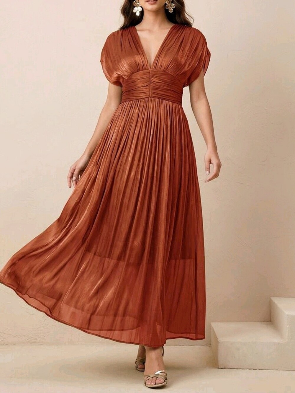 New Luxe Metallic Maxi Ruched Waist Dress Rust Orange